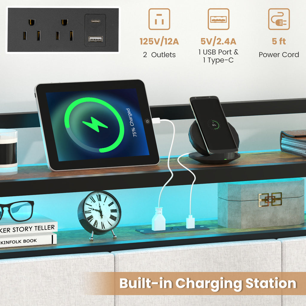 Twin Size Bed Frame with LED Light and Charging Station