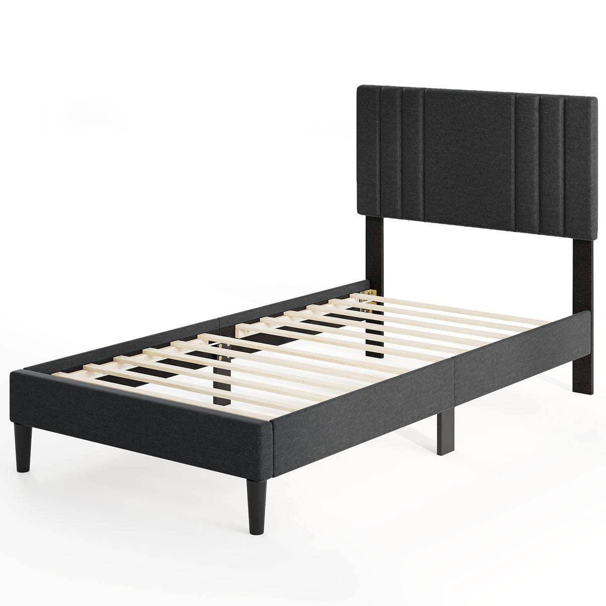 Twin Platform Bed with Tufted Headboard & Wooden Slats - Gray