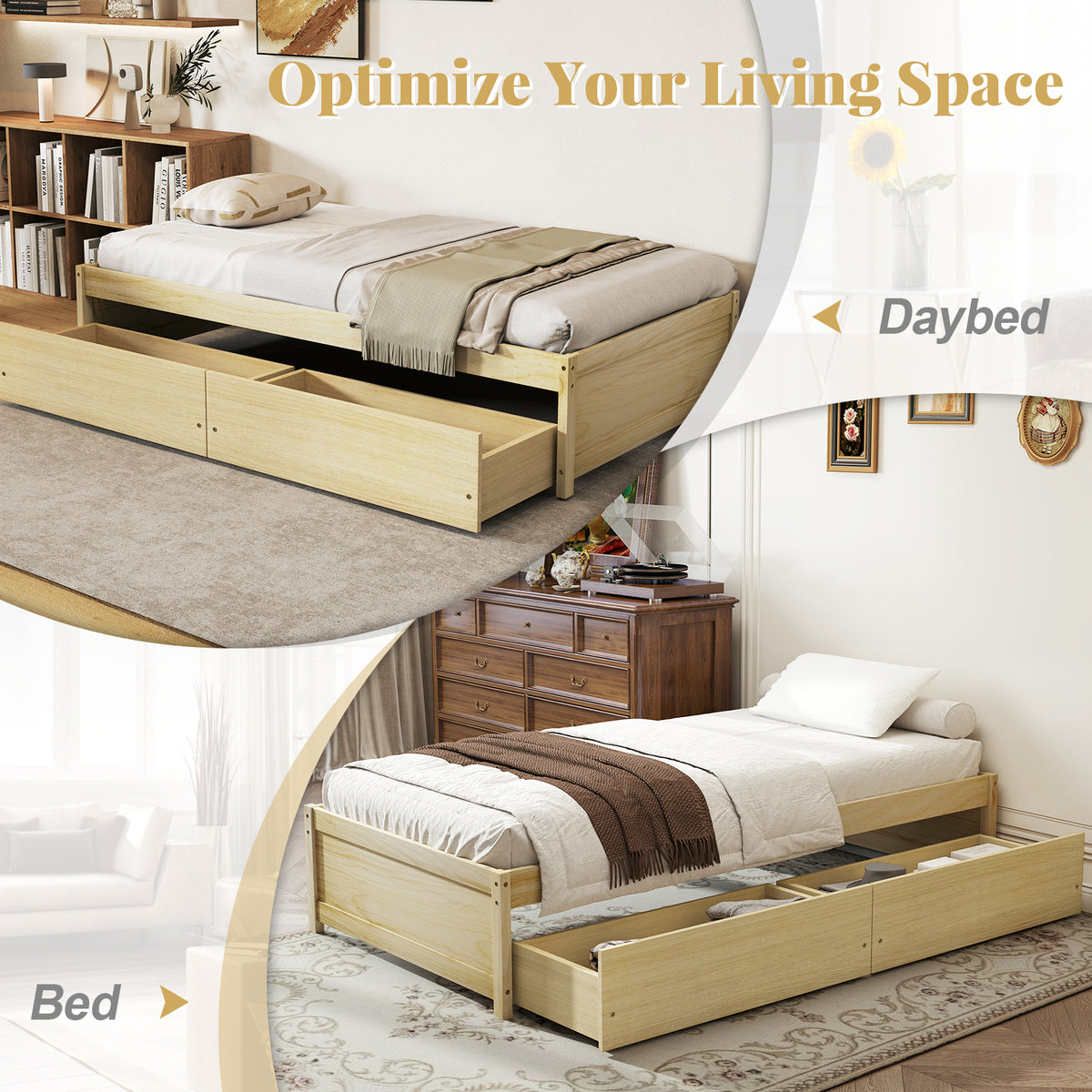 Twin Captain Bed with 2 Drawers and Slats Support – Natural