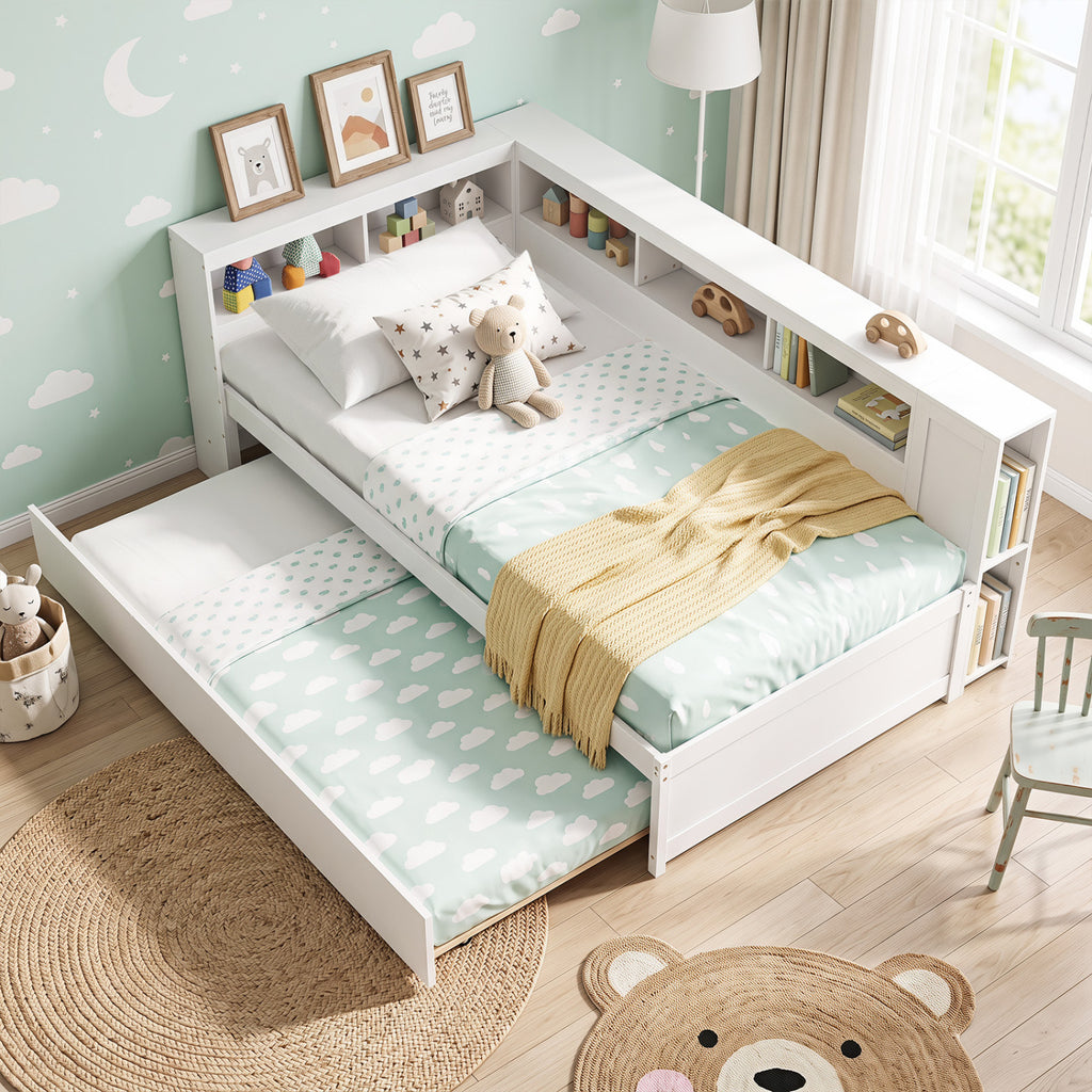 Twin Daybed Platform Bed with Trundle & Storage - White
