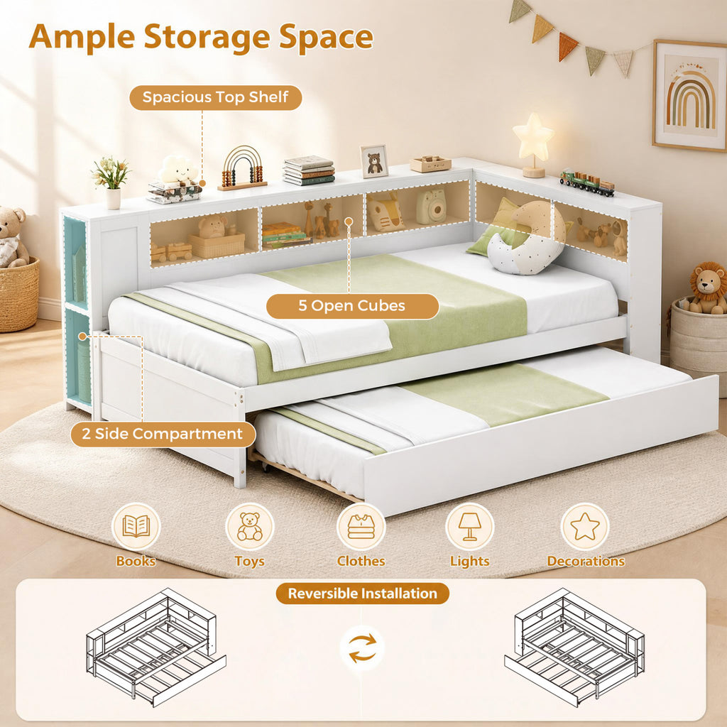 Twin Daybed Platform Bed with Trundle & Storage - White