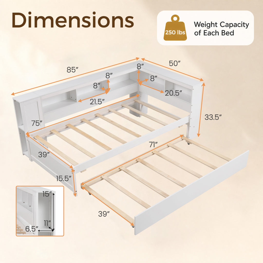 Twin Daybed Platform Bed with Trundle & Storage - White
