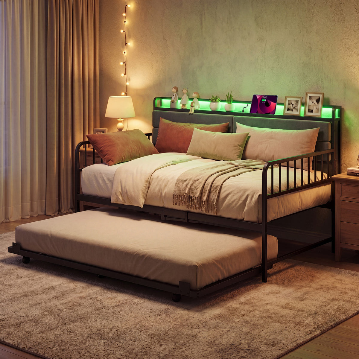 Twin Size Daybed with Trundle, LED Lights & Charging Headboard - Rustic Brown