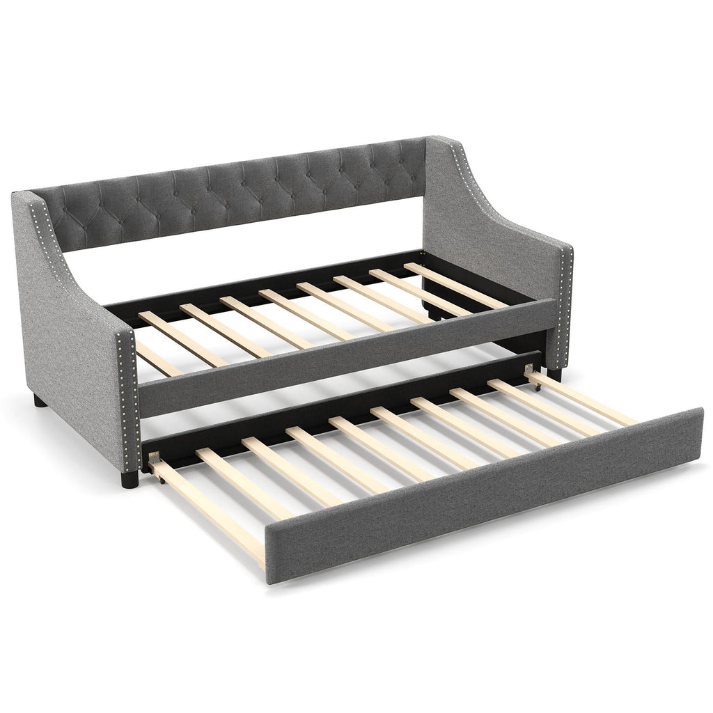 Twin Daybed with Trundle, Curved Armrests - Gray Linen