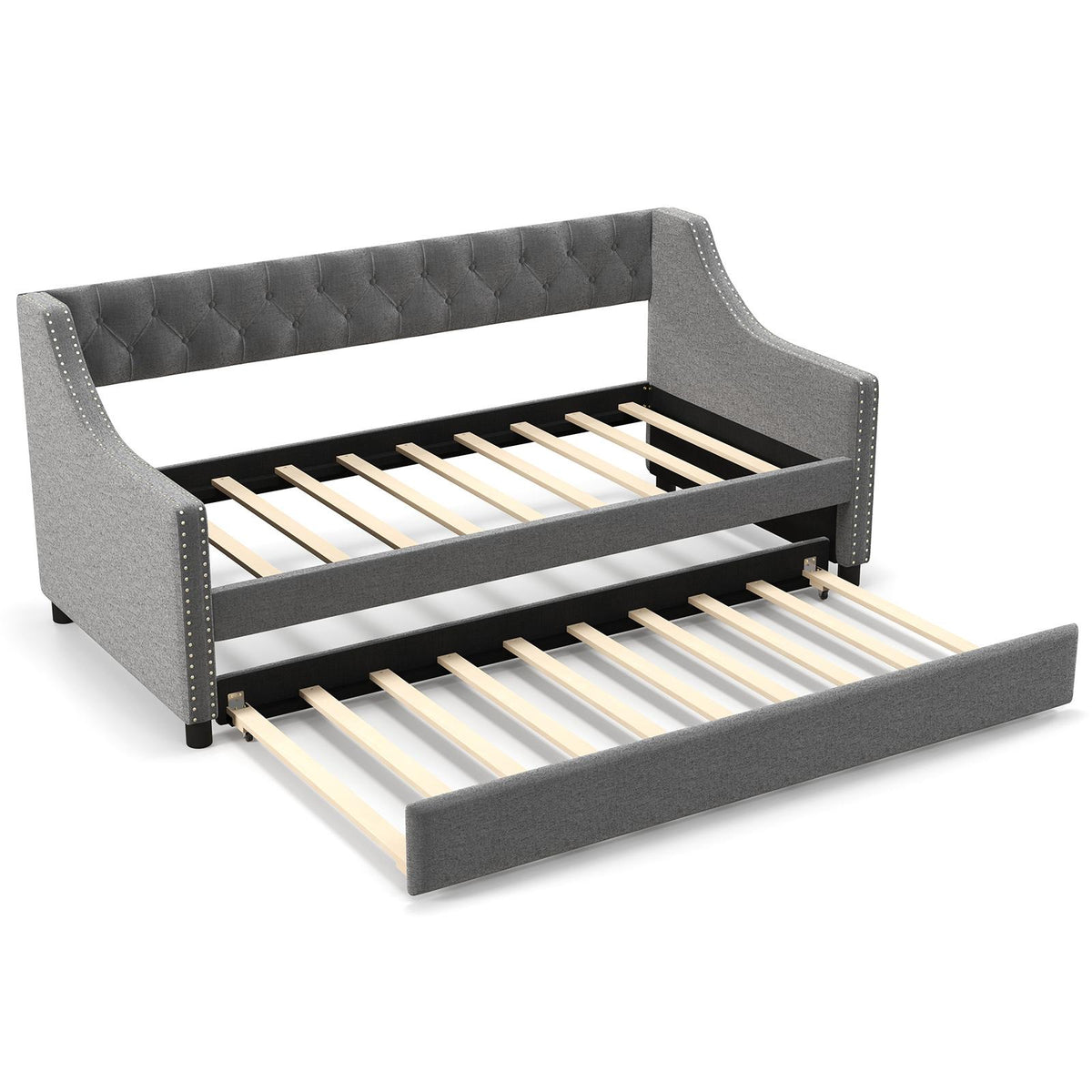 Twin Daybed with Trundle, Curved Armrests - Gray Linen