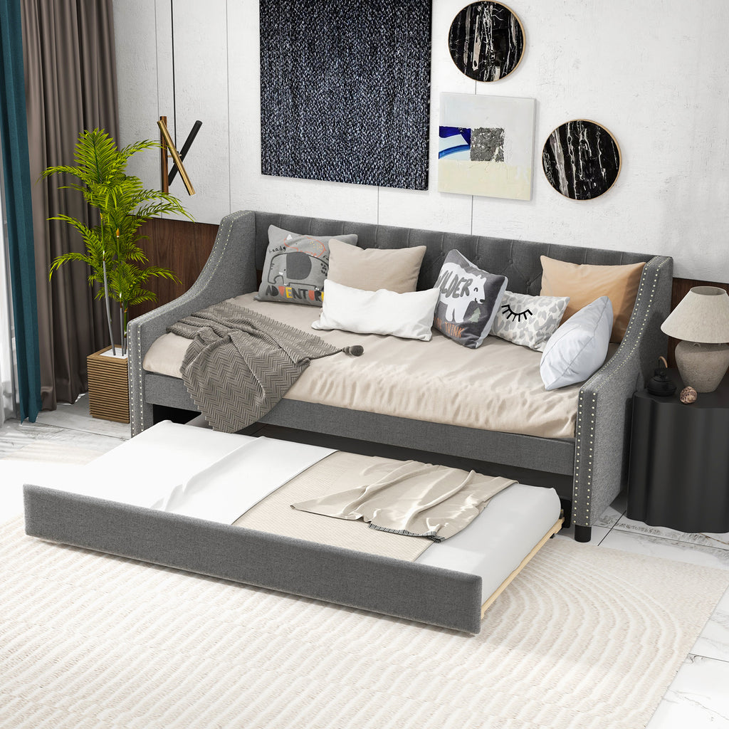 Twin Daybed with Trundle, Curved Armrests - Gray Linen