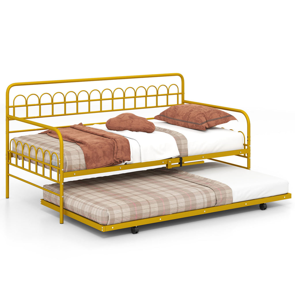 Twin Size Golden Metal Daybed with Trundle and Lockable Wheels