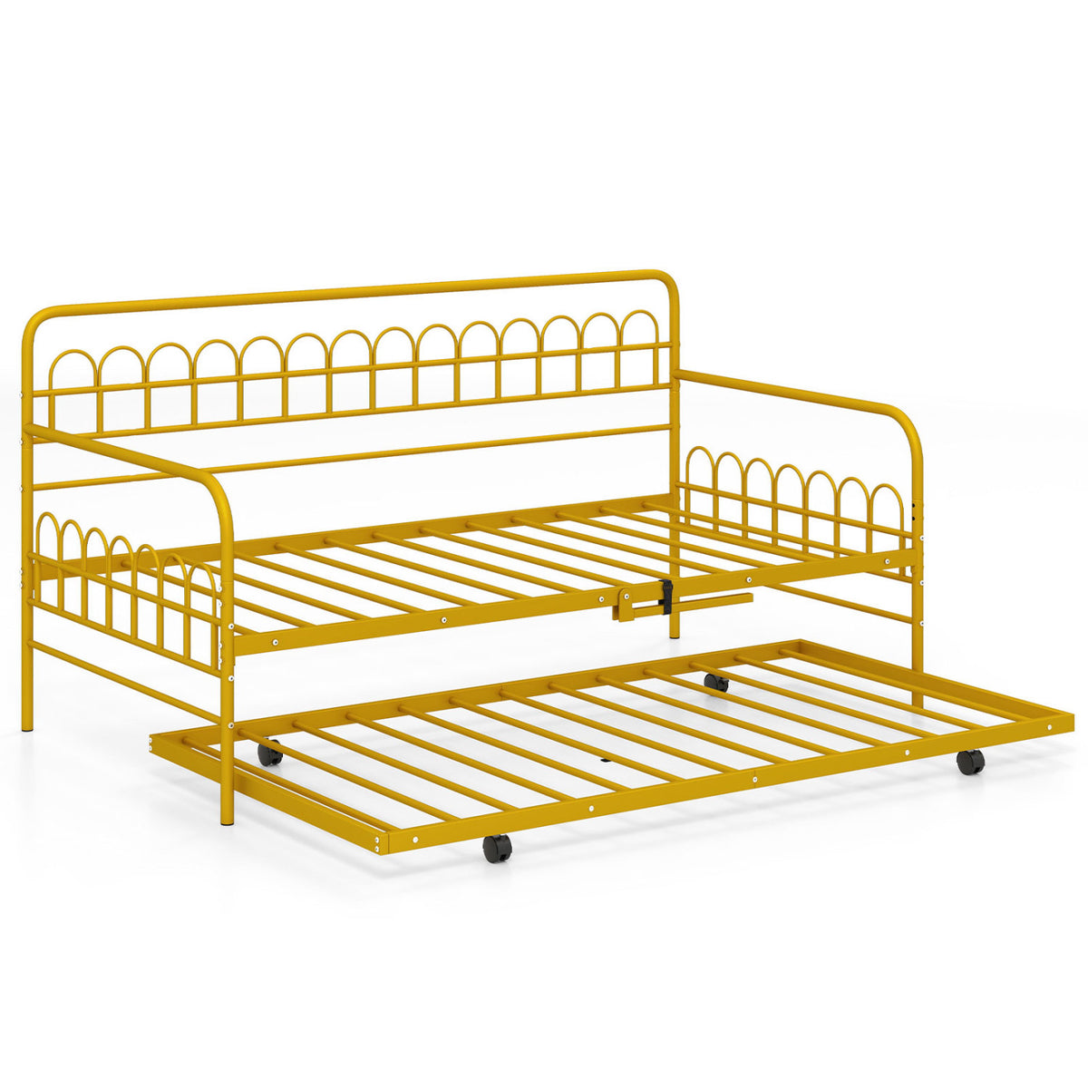Twin Size Golden Metal Daybed with Trundle and Lockable Wheels