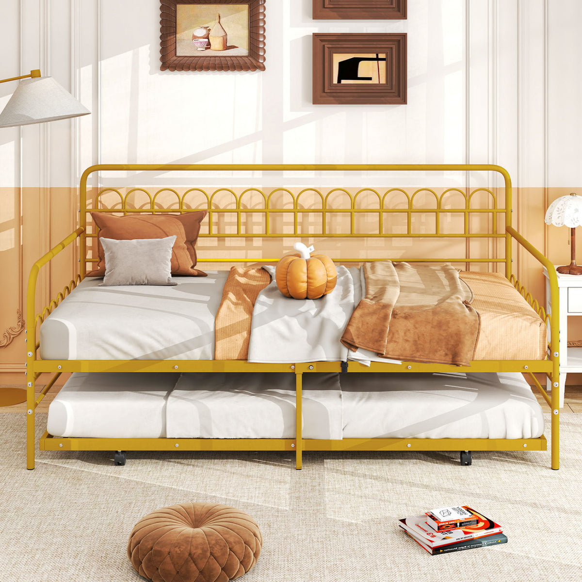 Twin Size Golden Metal Daybed with Trundle and Lockable Wheels