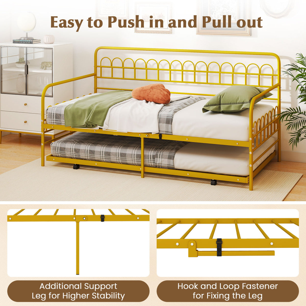 Twin Size Golden Metal Daybed with Trundle and Lockable Wheels
