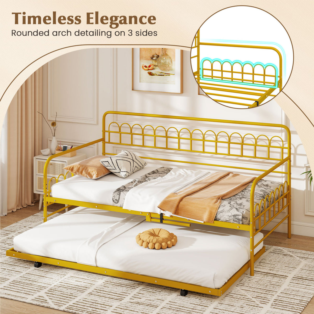 Twin Size Golden Metal Daybed with Trundle and Lockable Wheels