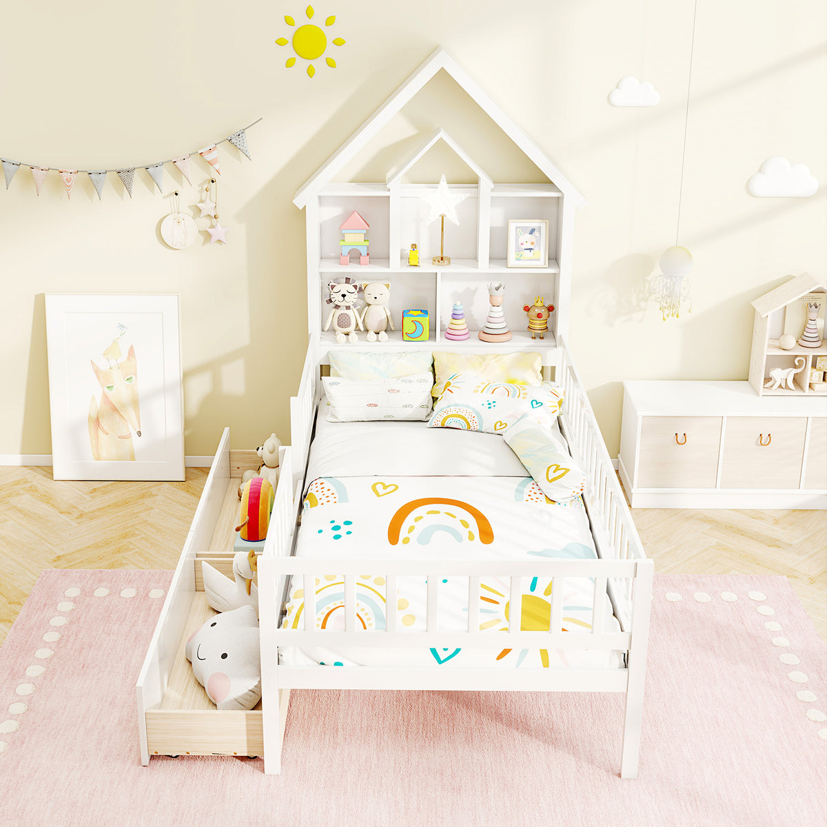 Twin Size House Bed with Storage Headboard - White