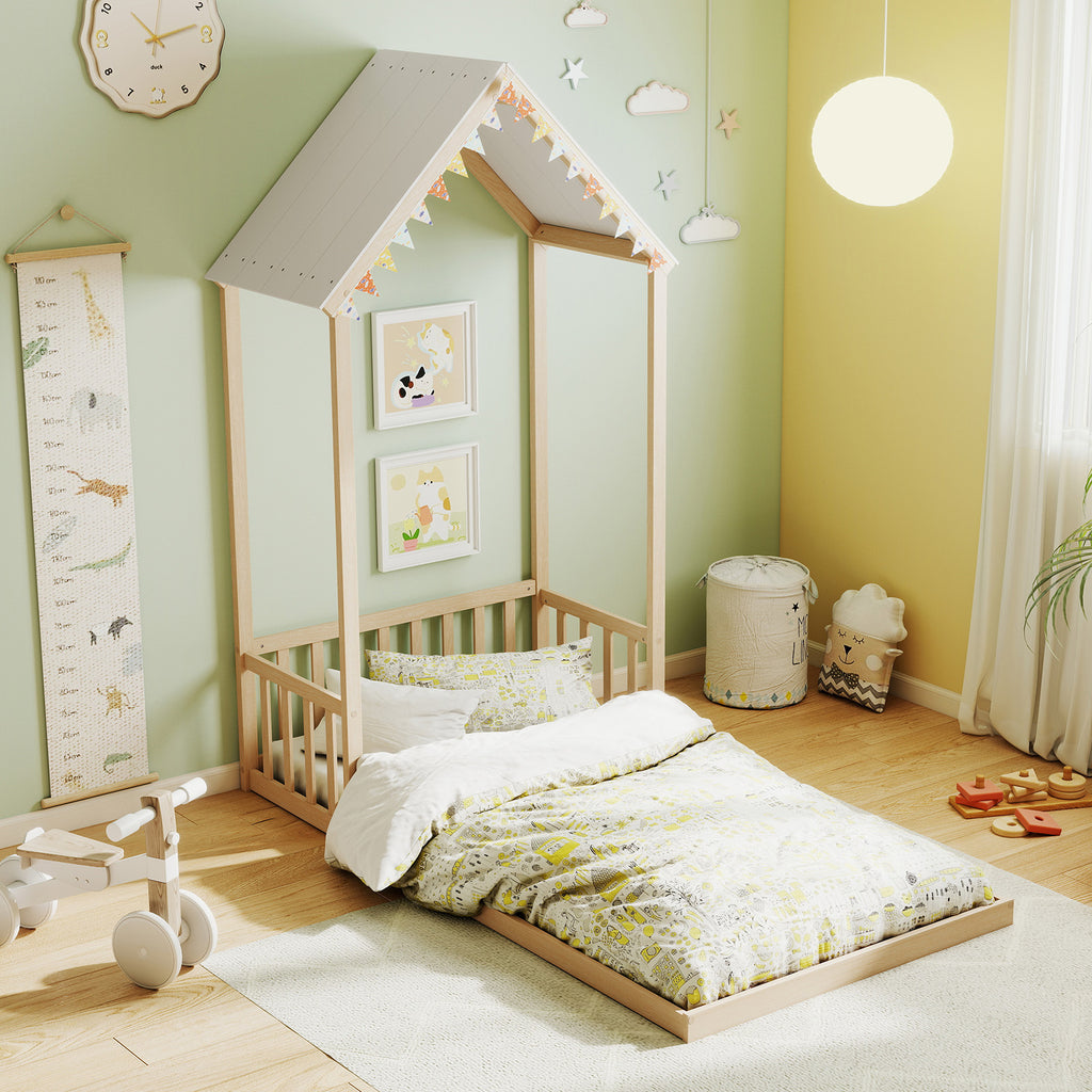 Twin Size House Bed with Shape Roof and Semi-Fence