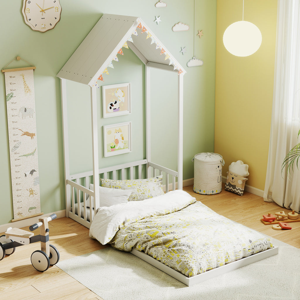 Twin Size House Bed with Shape Roof and Semi-Fence