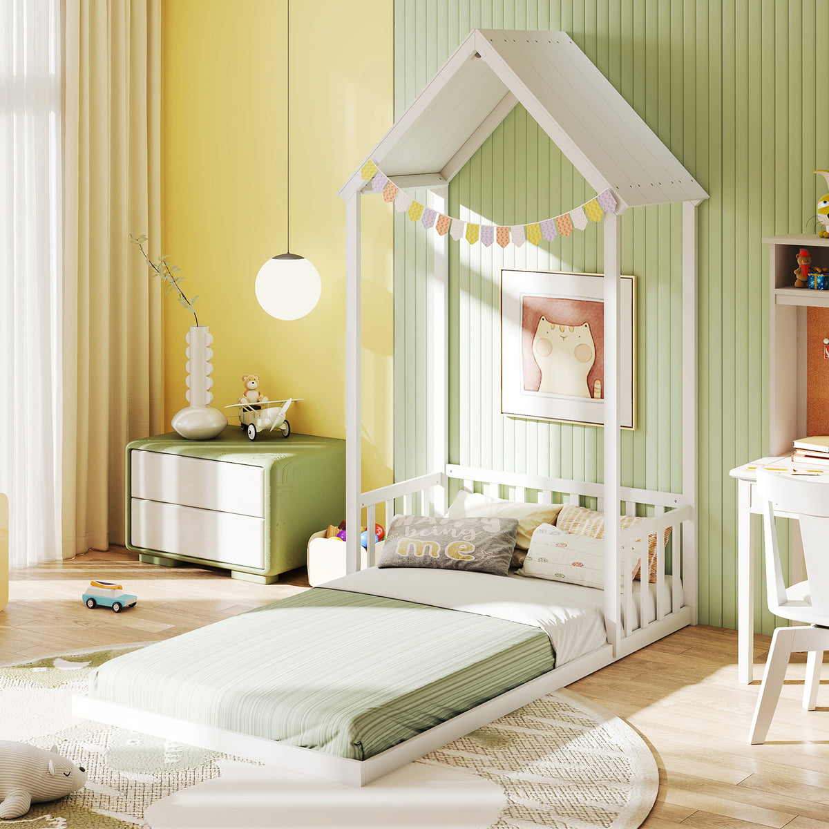 Twin Size House Bed with Shape Roof and Semi-Fence