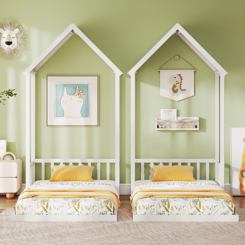 Twin Size House Bed with Shape Roof and Semi-Fence