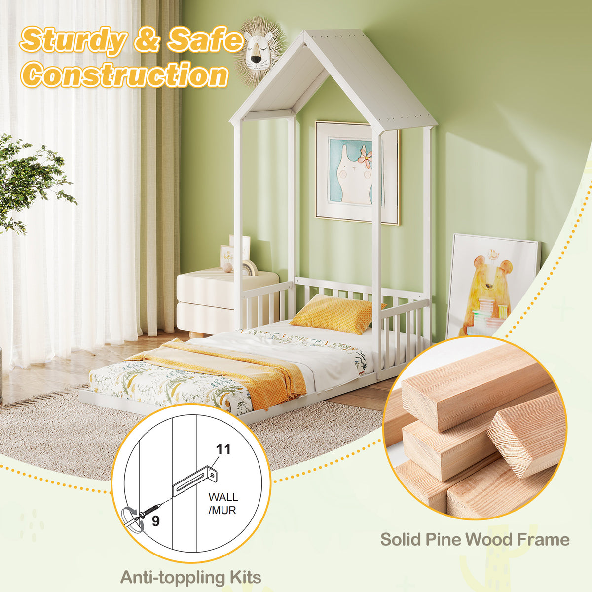 Twin Size House Bed with Shape Roof and Semi-Fence