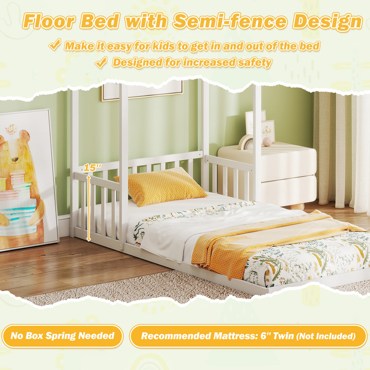 Twin Size House Bed with Shape Roof and Semi-Fence