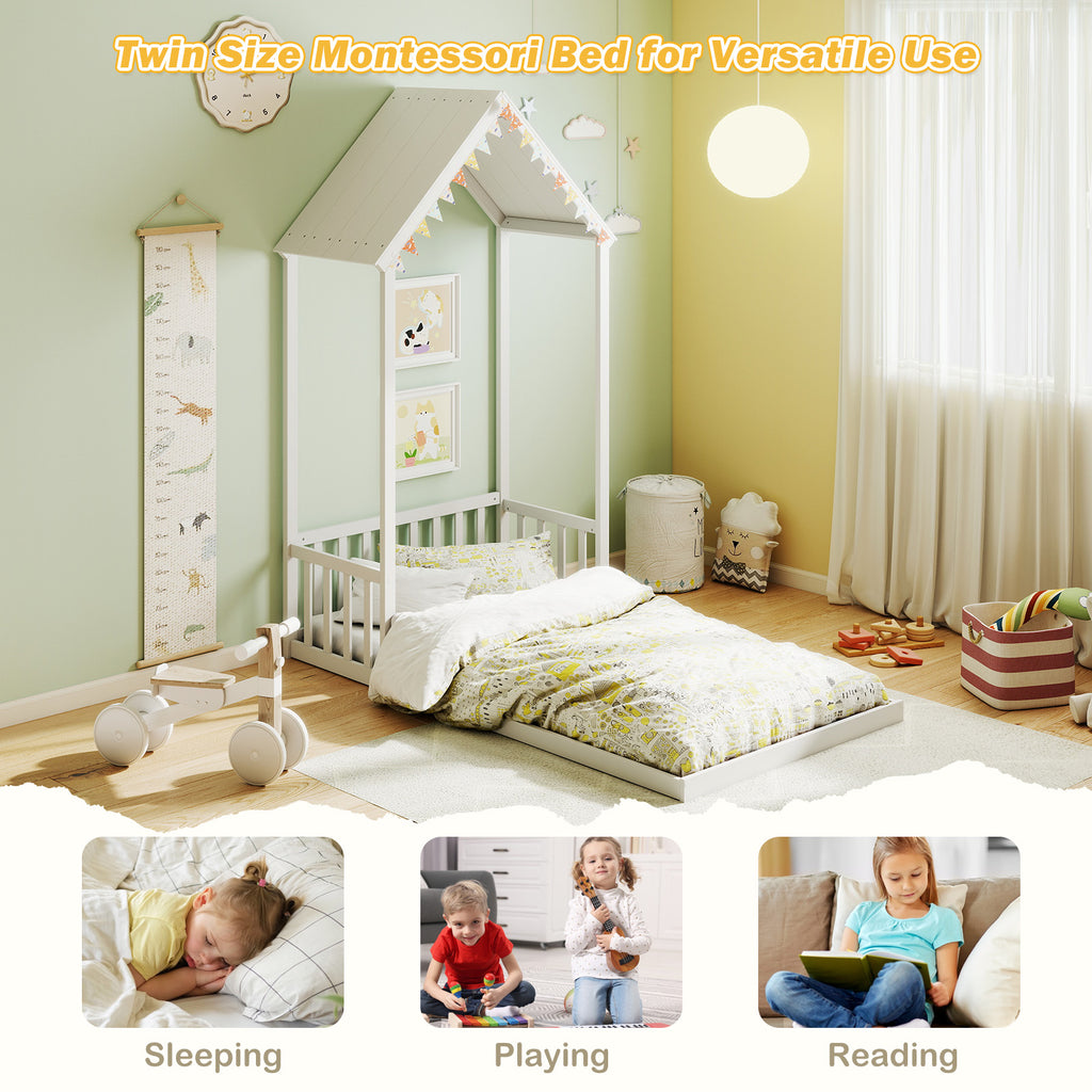Twin Size House Bed with Shape Roof and Semi-Fence