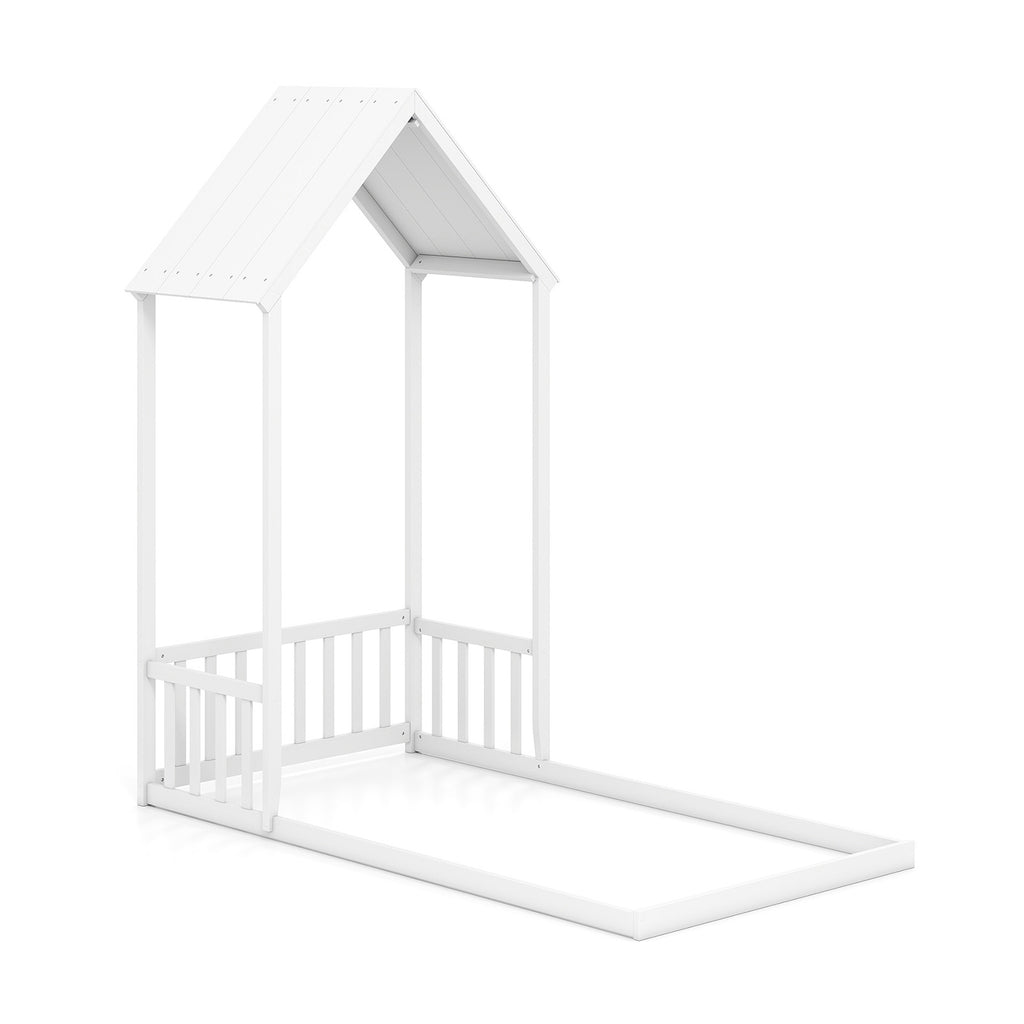 Twin Size House Bed with Shape Roof and Semi-Fence