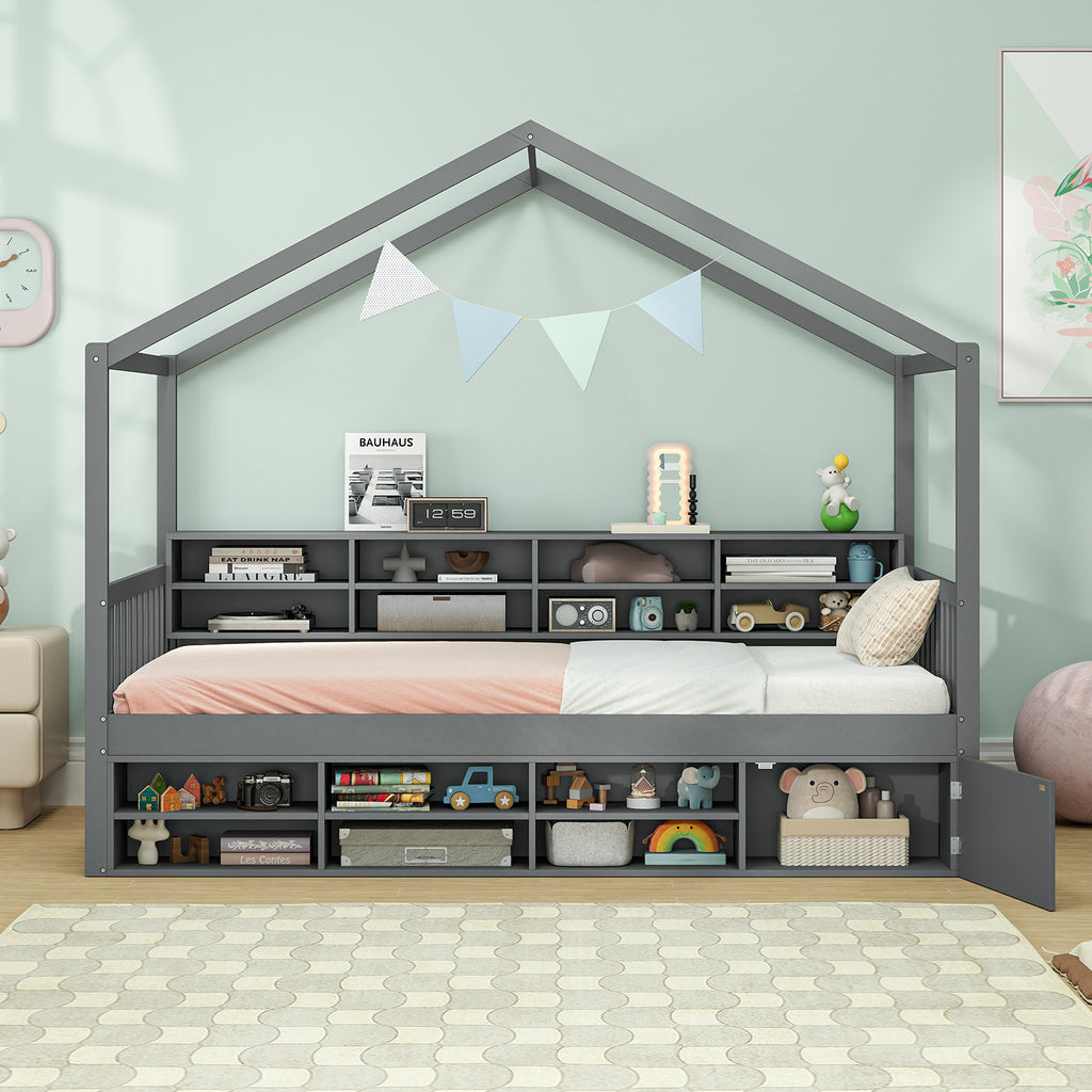 Twin Size House Bed with Trundle, 14 Storage Cubes & Cabinet, Gray