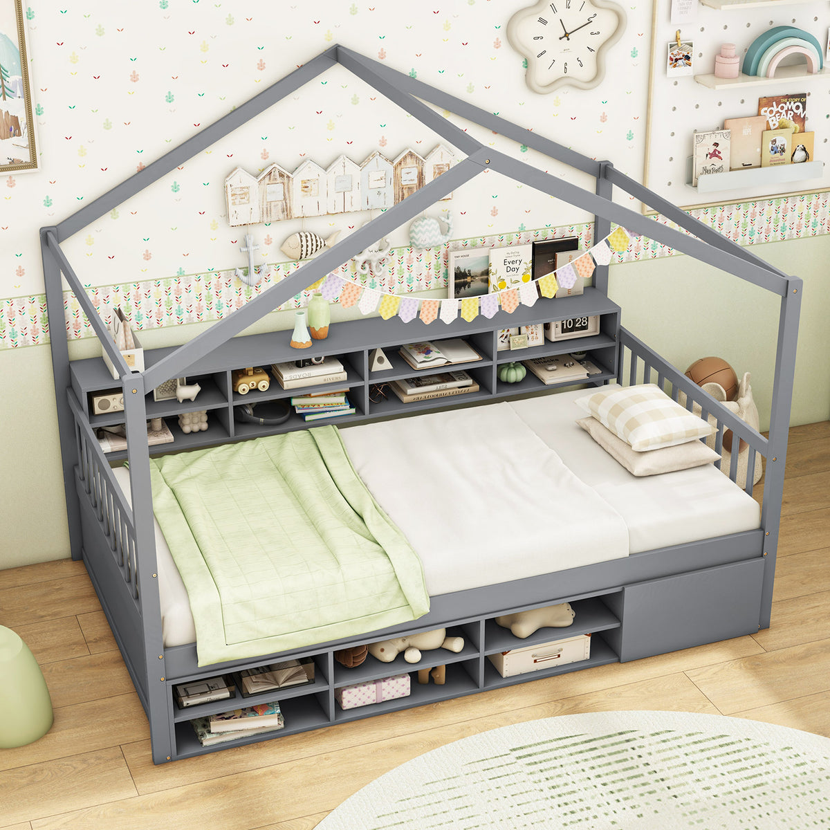 Twin Size House Bed with Trundle, 14 Storage Cubes & Cabinet, Gray