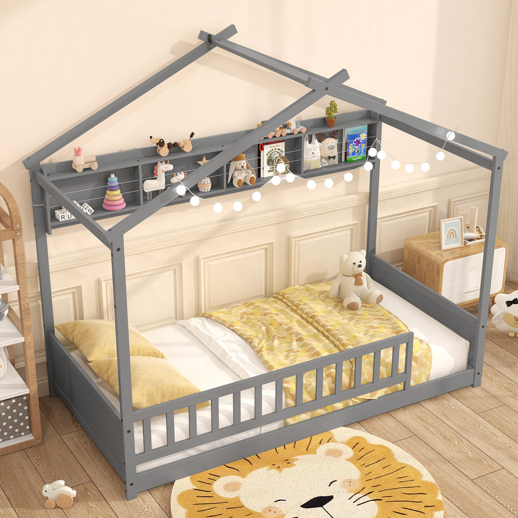 Twin Size House Bed with Storage Shelf and Headboard - Gray Variation
