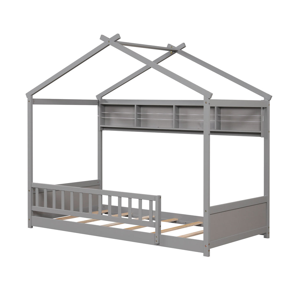 Twin Size House Bed with Storage Shelf and Headboard - Gray Variation