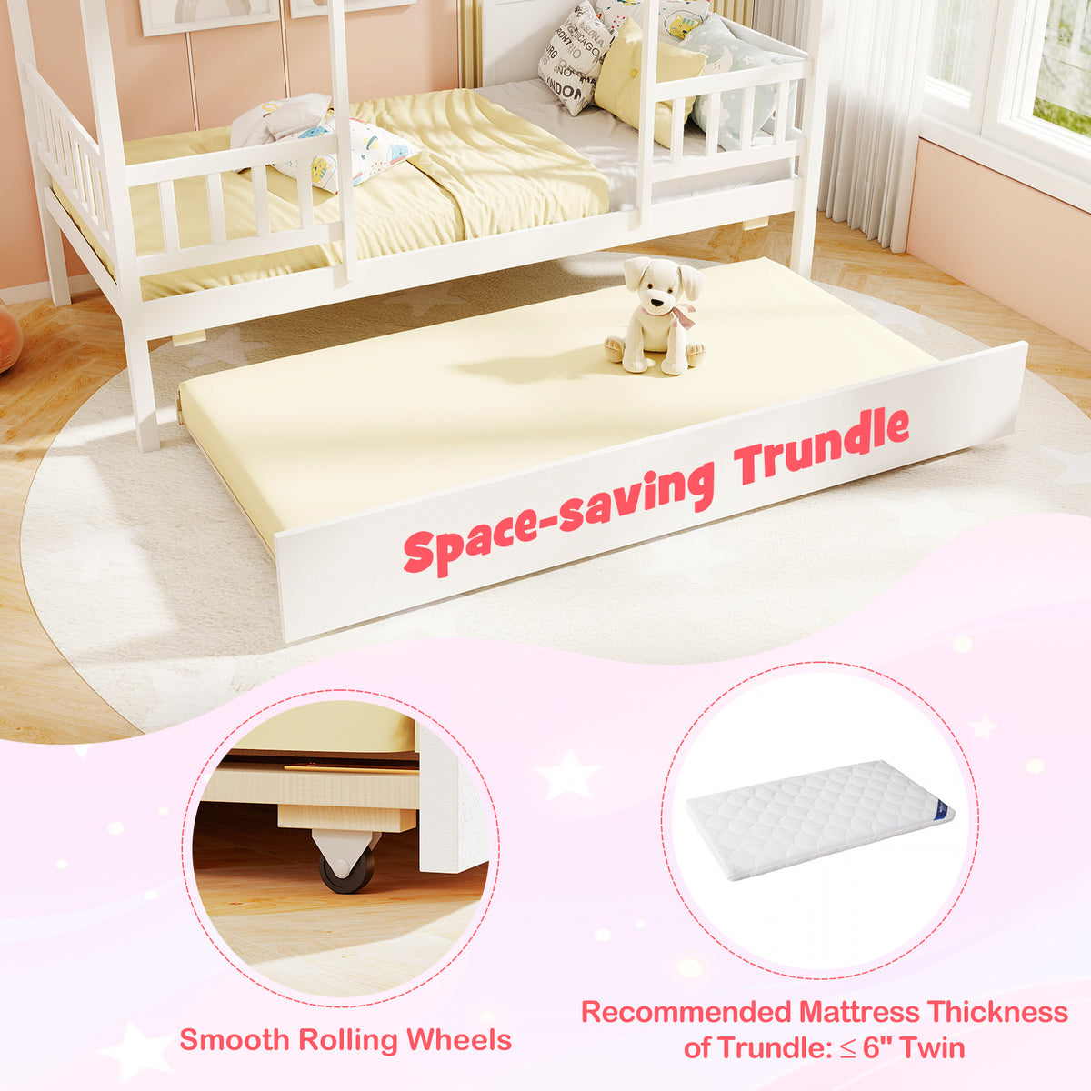 Twin Size House Bed with Trundle, White