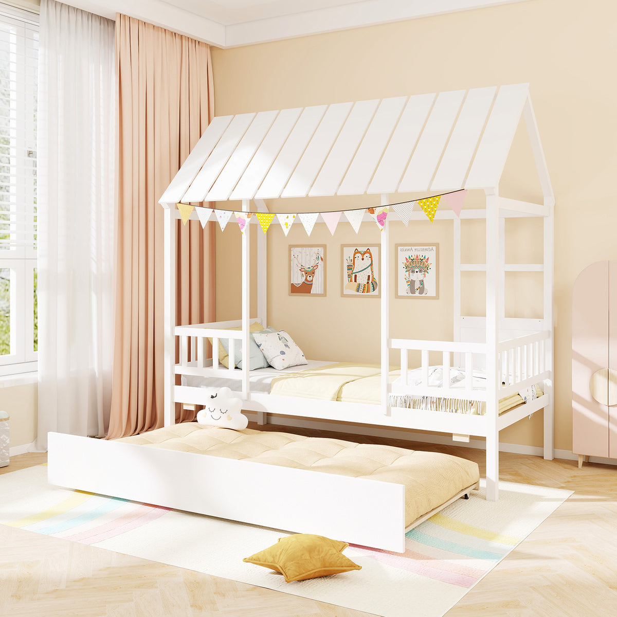 Twin Size House Bed with Trundle, White