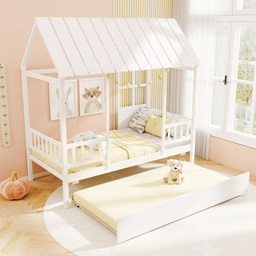 Twin Size House Bed with Trundle, White