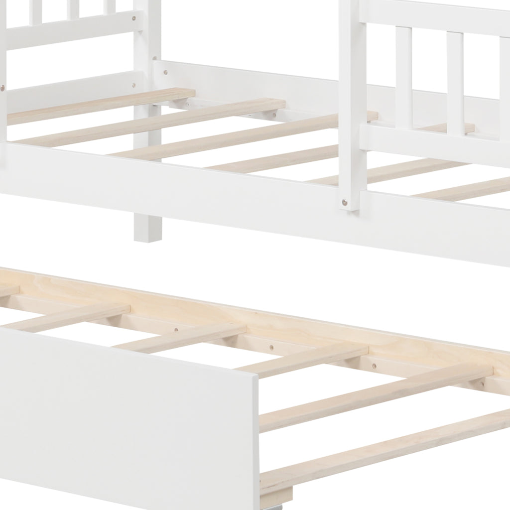 Twin Size House Bed with Trundle, White