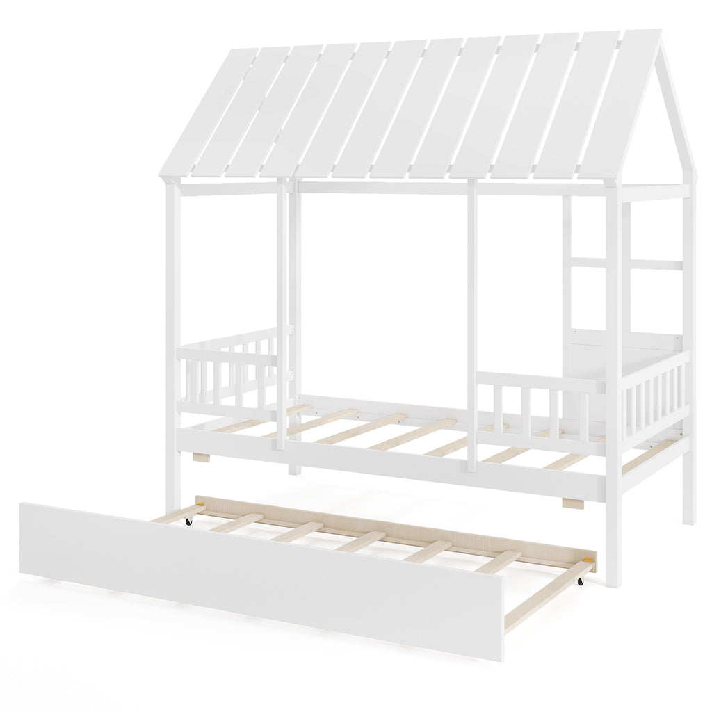 Twin Size House Bed with Trundle, White