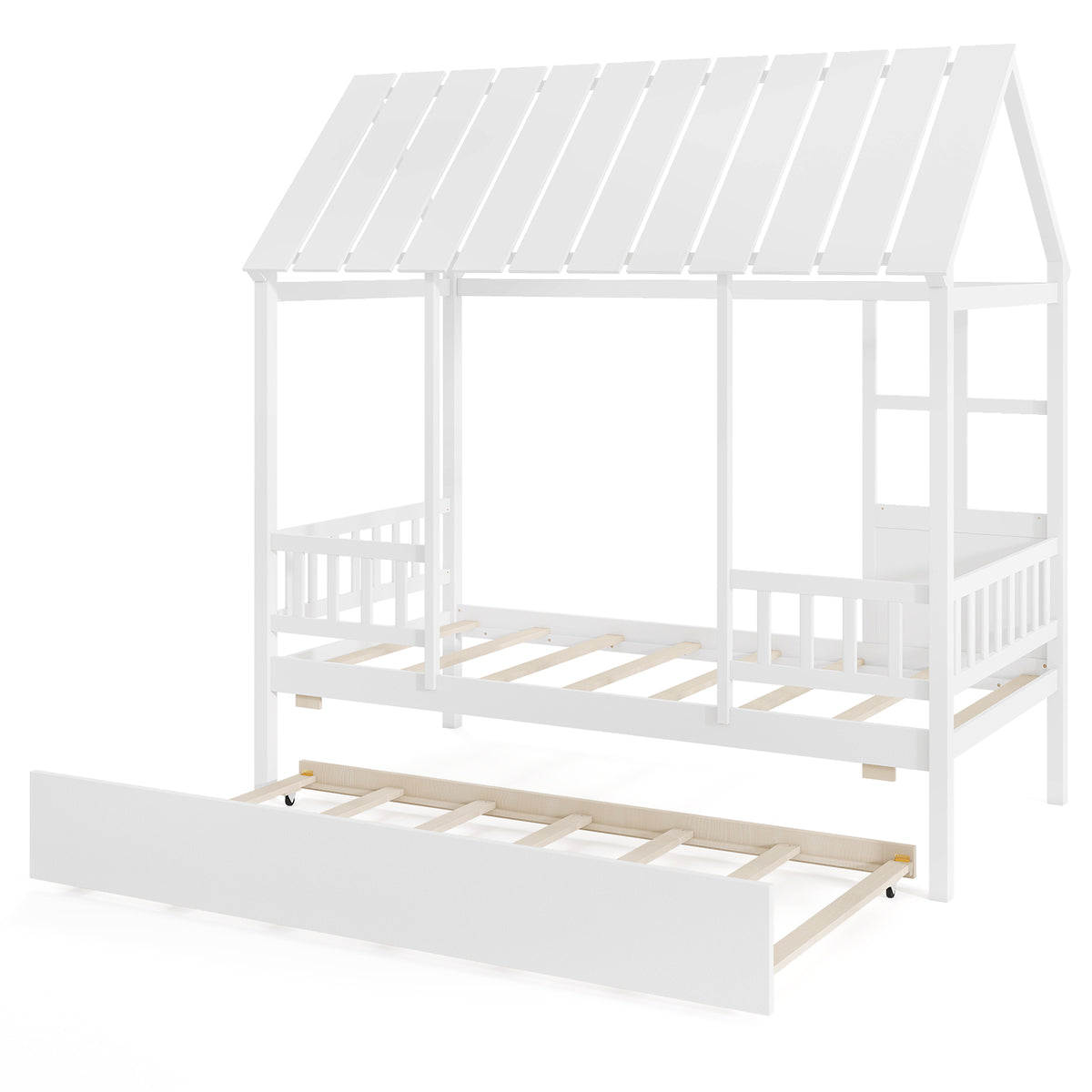 Twin Size House Bed with Trundle, White