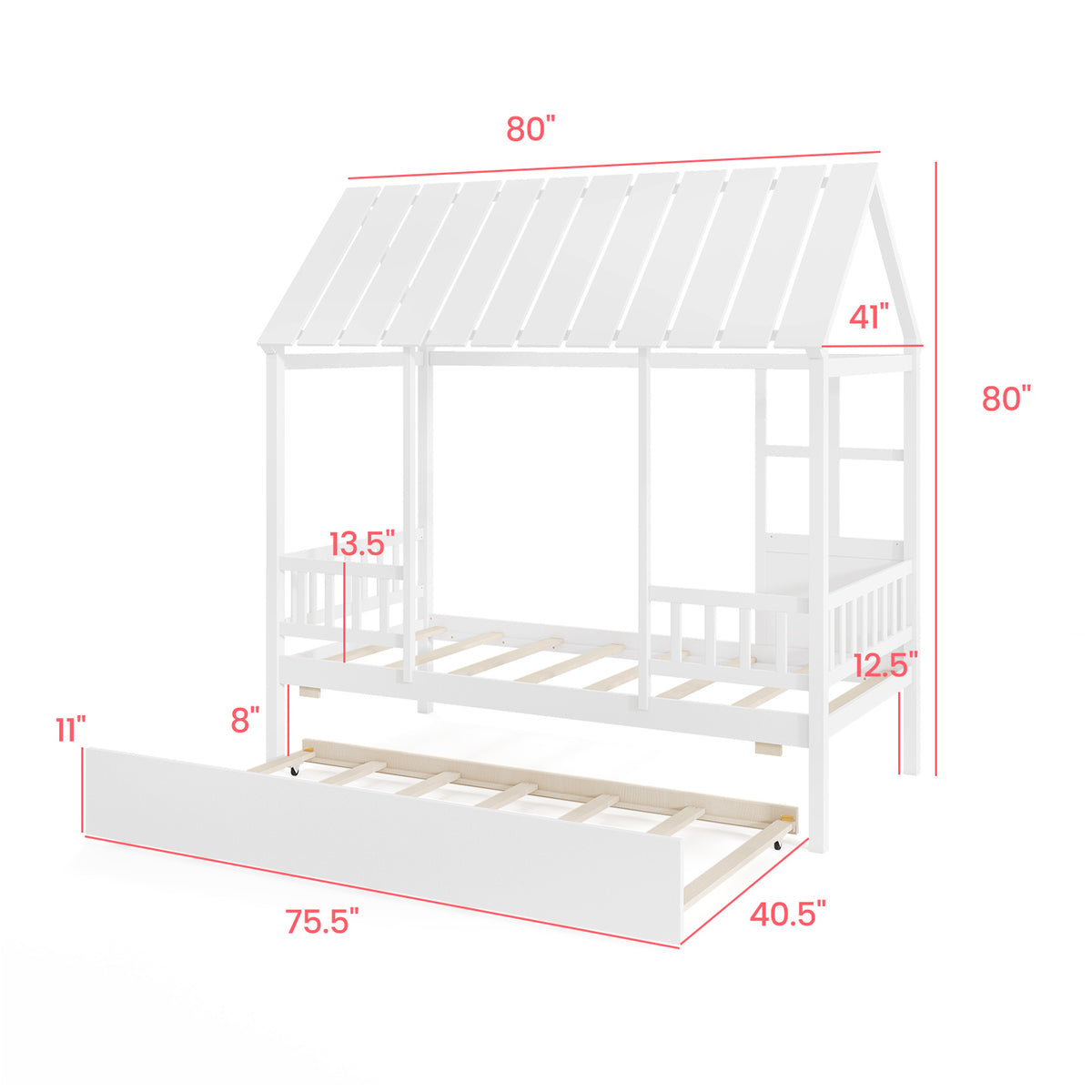 Twin Size House Bed with Trundle, White