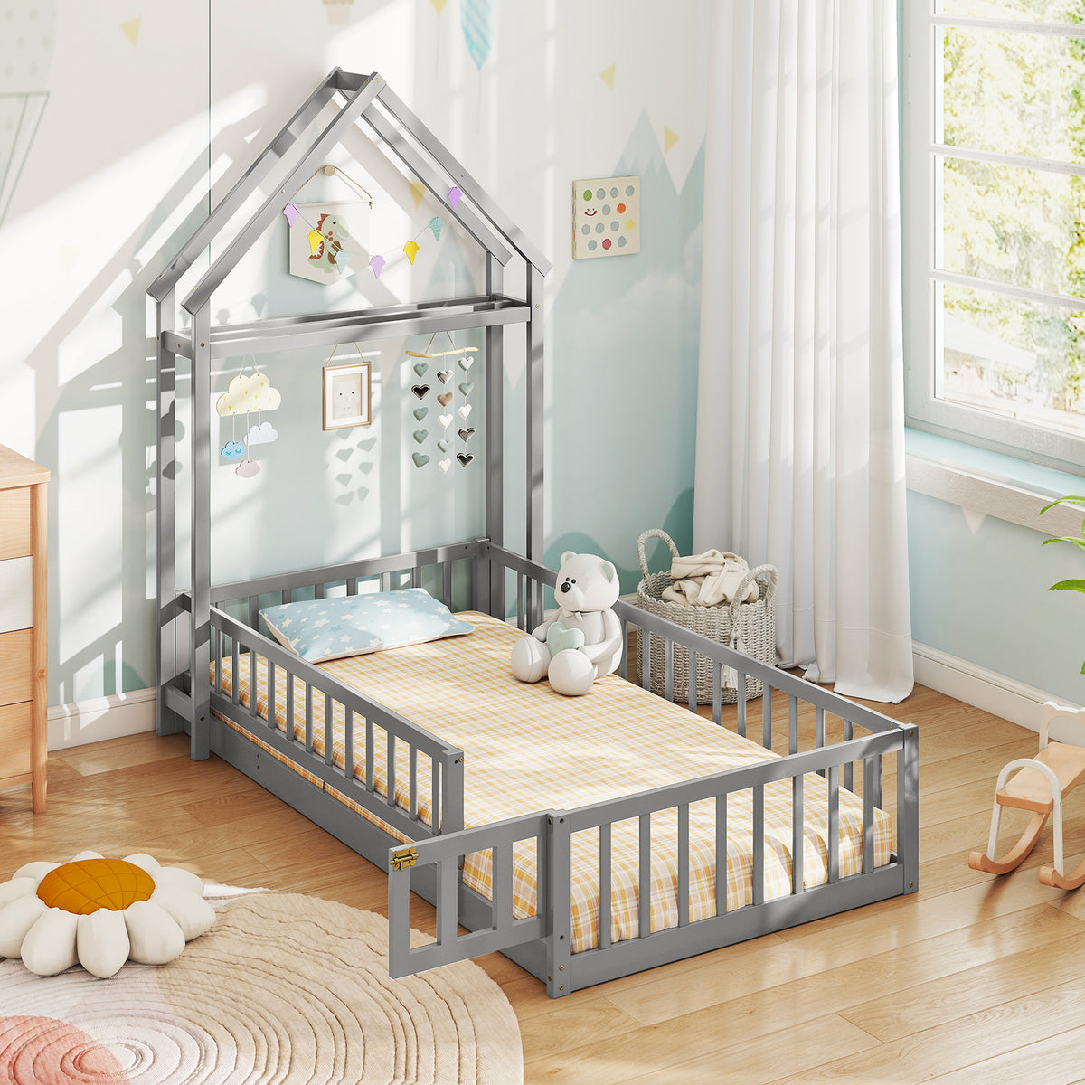 Twin Size House Floor Bed with House-Shaped Headboard - Gray, Kids Montessori Bed