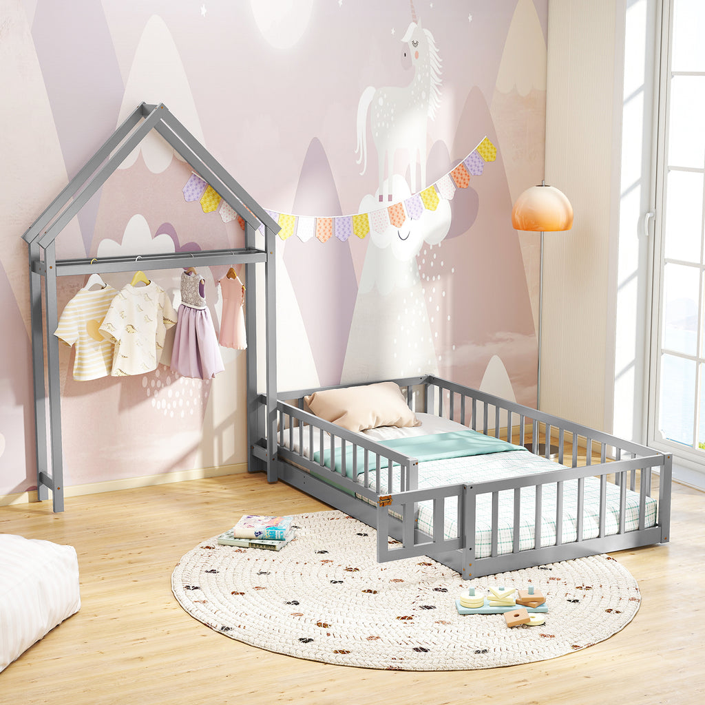 Twin Size House Floor Bed with House-Shaped Headboard - Gray, Kids Montessori Bed