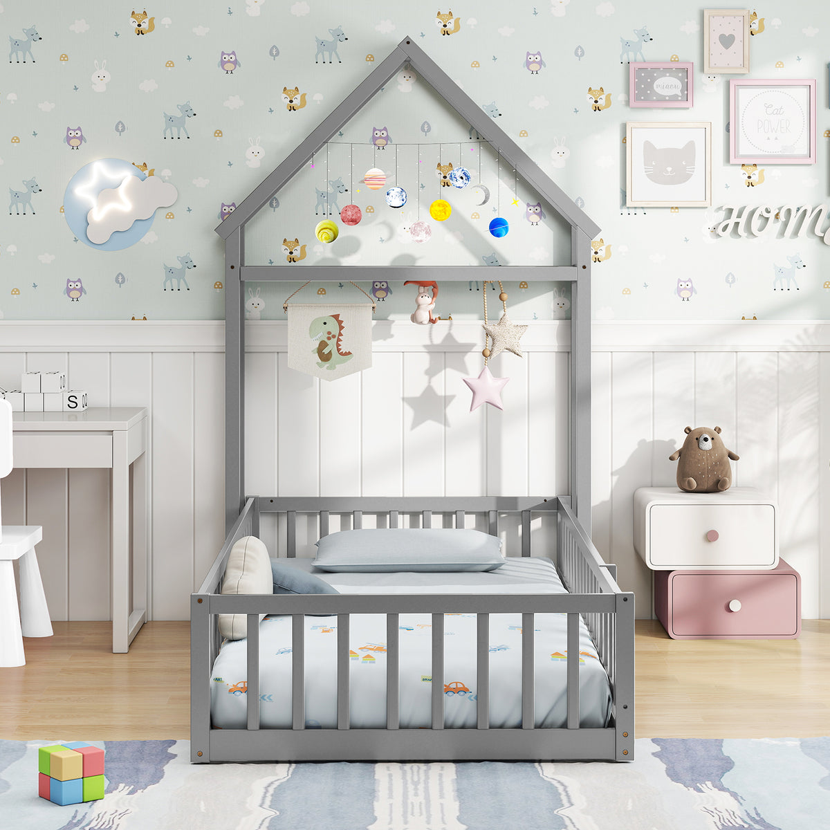 Twin Size House Floor Bed with House-Shaped Headboard - Gray, Kids Montessori Bed