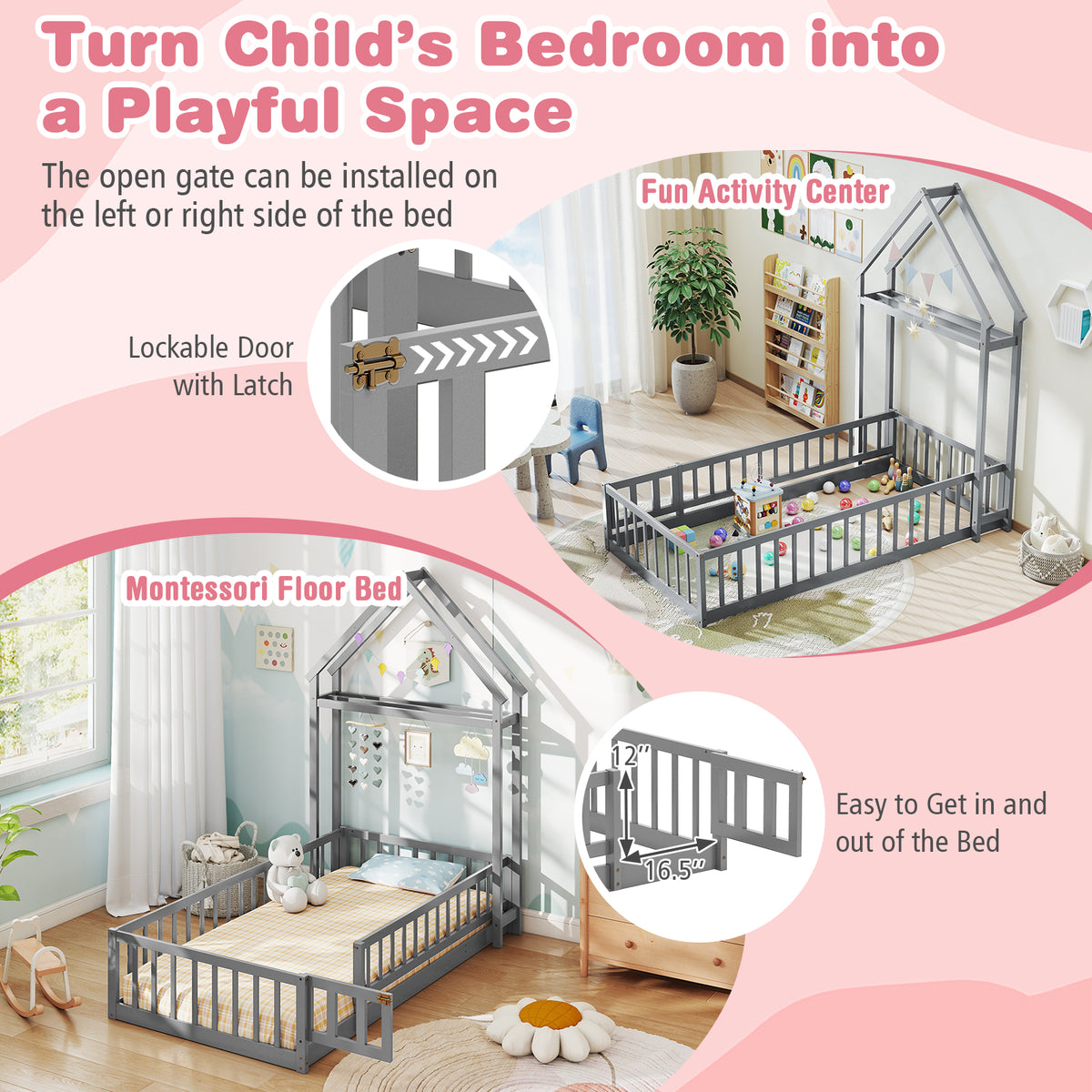 Twin Size House Floor Bed with House-Shaped Headboard - Gray, Kids Montessori Bed
