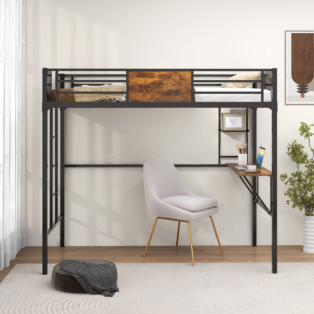 Twin Size Industrial Metal Loft Bed with Storage Shelf