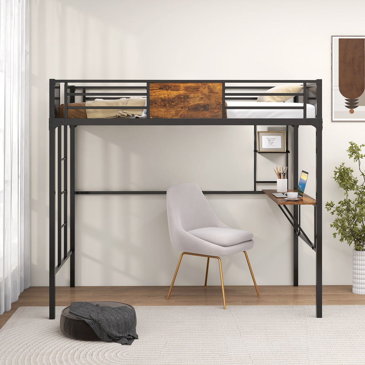 Twin Size Industrial Metal Loft Bed with Storage Shelf