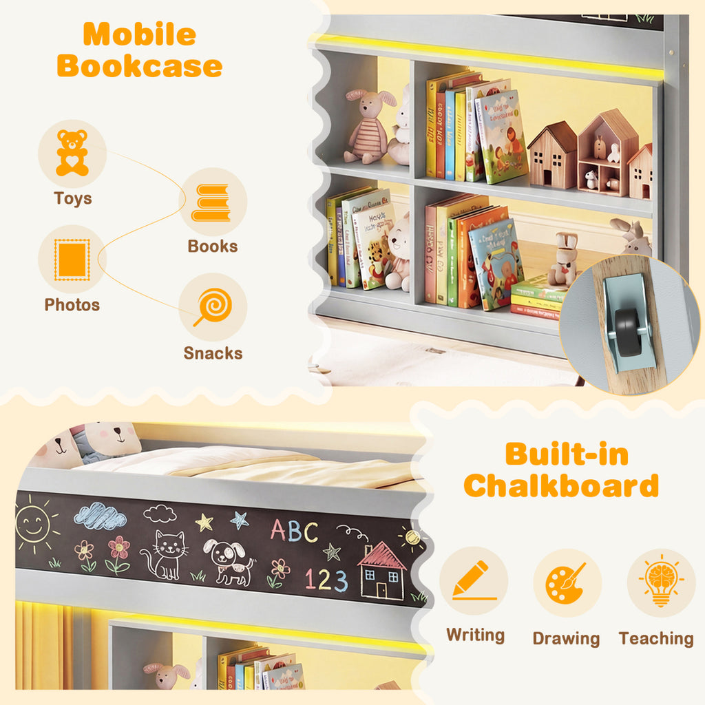 Twin Size Kids Loft Bed with LED Lights and Bookcase - Gray