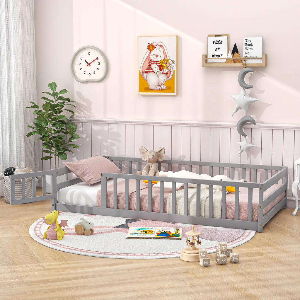 Twin Size Kids Wooden Montessori Floor Bed with Door and Fence - Gray Variation