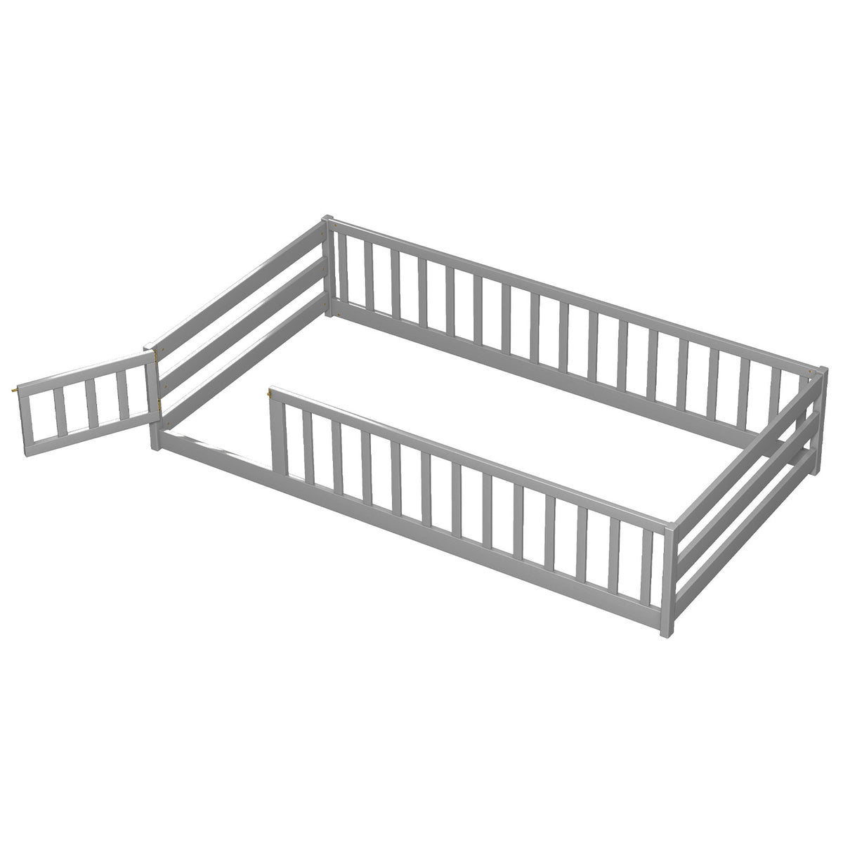 Twin Size Kids Wooden Montessori Floor Bed with Door and Fence - Gray Variation
