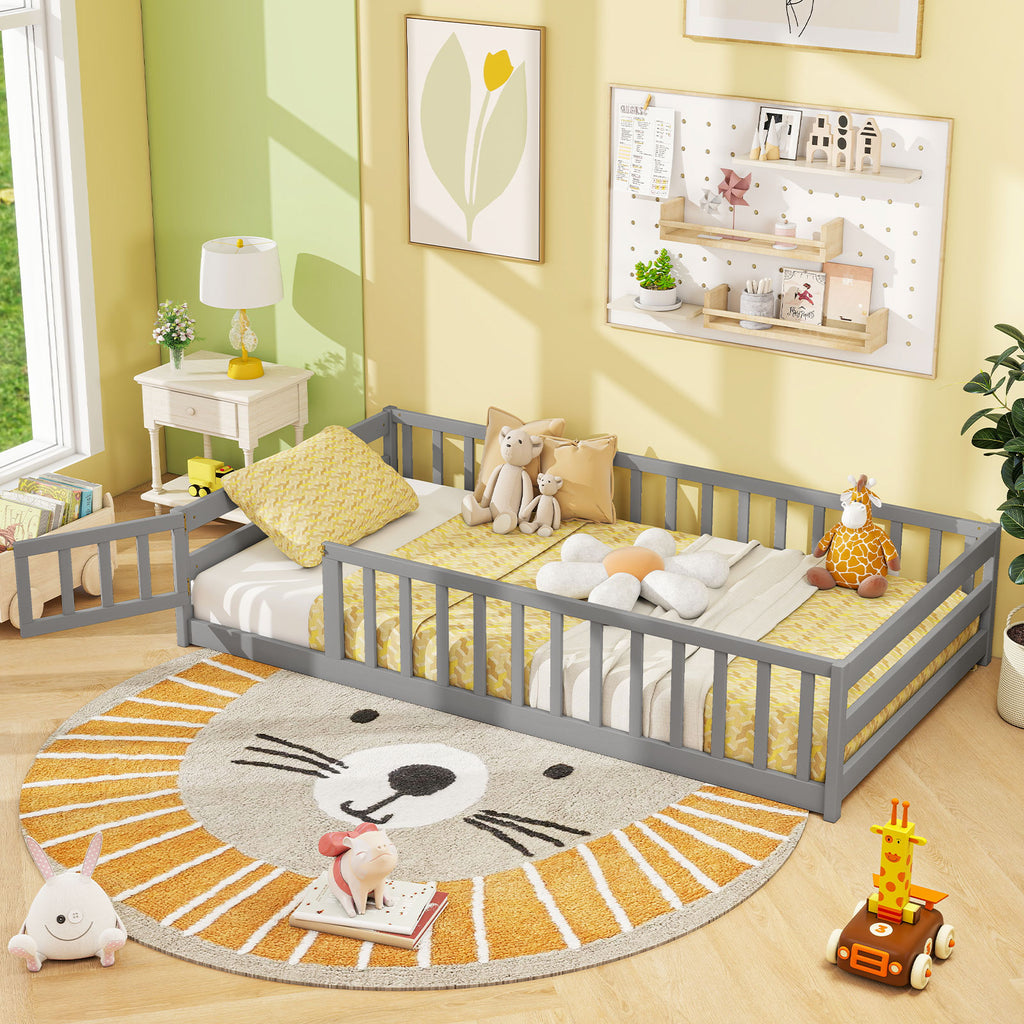 Twin Size Kids Wooden Montessori Floor Bed with Door and Fence - Gray Variation