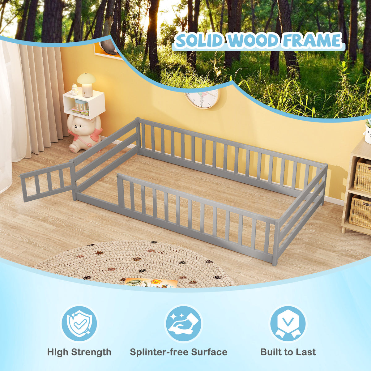 Twin Size Kids Wooden Montessori Floor Bed with Door and Fence - Gray Variation