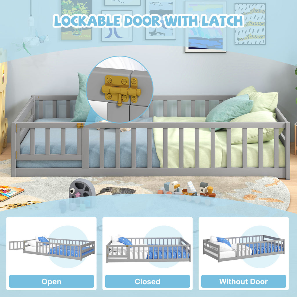 Twin Size Kids Wooden Montessori Floor Bed with Door and Fence - Gray Variation
