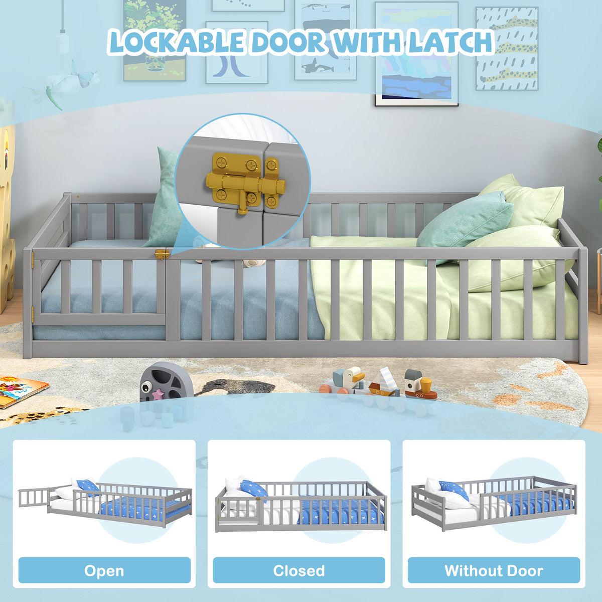 Twin Size Kids Wooden Montessori Floor Bed with Door and Fence - Gray Variation