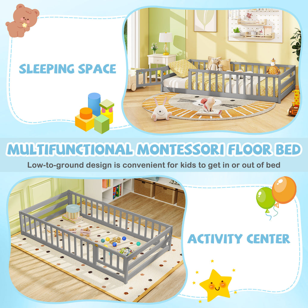 Twin Size Kids Wooden Montessori Floor Bed with Door and Fence - Gray Variation