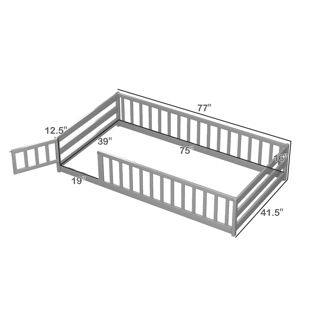Twin Size Kids Wooden Montessori Floor Bed with Door and Fence - Gray Variation